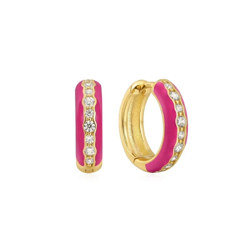 Pink Enamel & Cz Channel Huggie Hoop Earrings