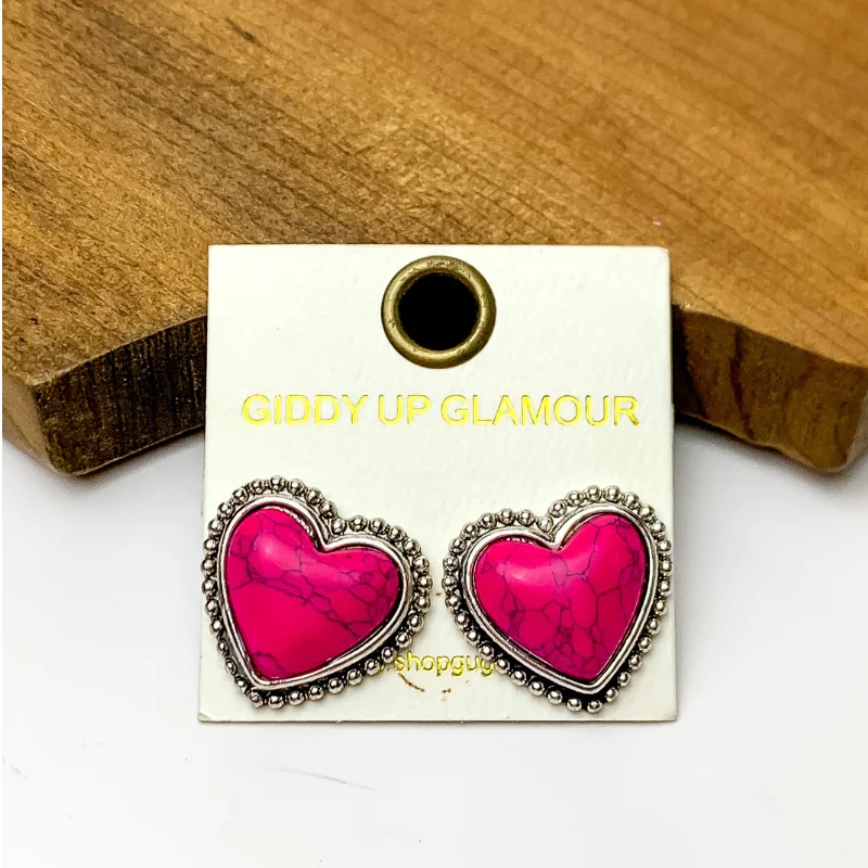 Pink Marbled Heart Stud Earrings with a Silver Tone Trim