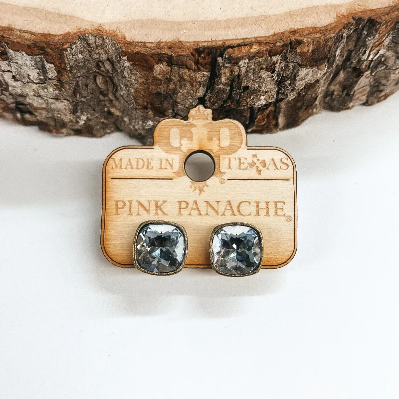 Pink Panache | Bronze Stud Earrings with Cushion Cut Crystals in Crystal Ignite