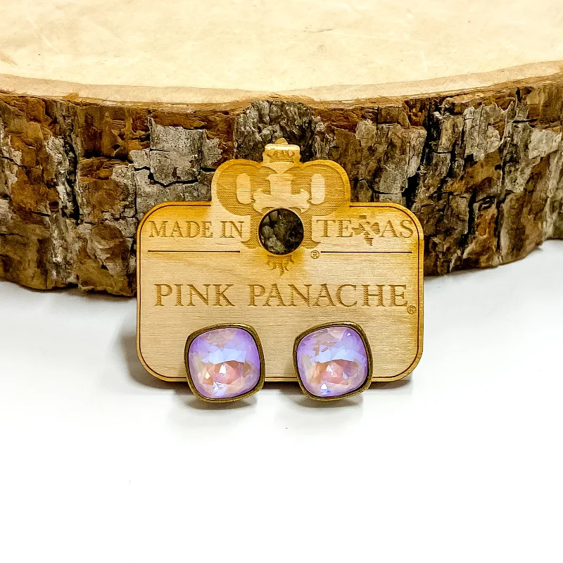 Pink Panache | Bronze Tone Stud Earrings with Cushion Cut Crystals in Lavender