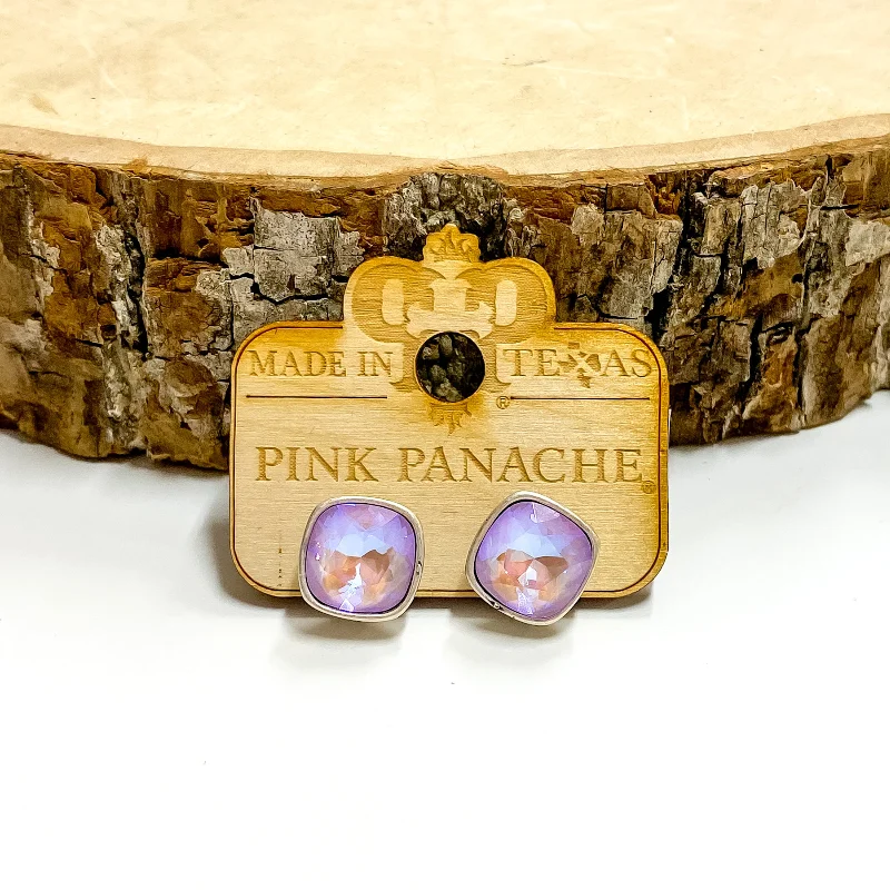 Pink Panache | Silver Tone Stud Earrings with Cushion Cut Crystals in Lavender