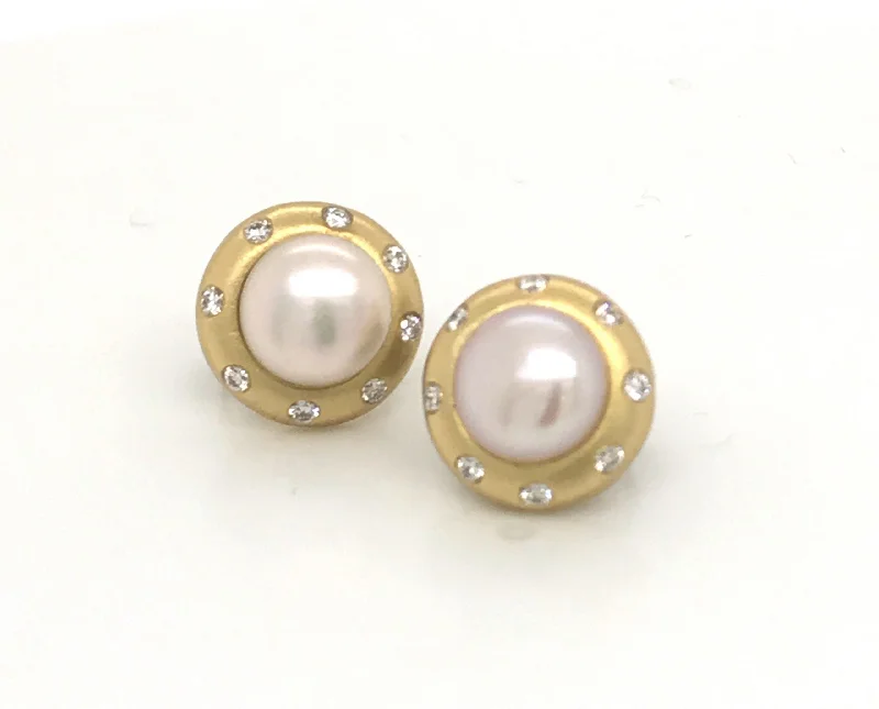 Pink Pearl + Diamond Stud Earrings