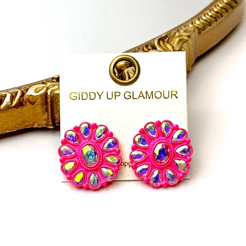 Prismatic Petal AB Stone Flower Concho Stud Earrings in Neon Pink