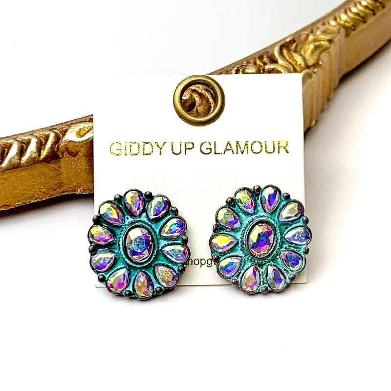 Prismatic Petal AB Stone Flower Concho Stud Earrings in Patina Tone