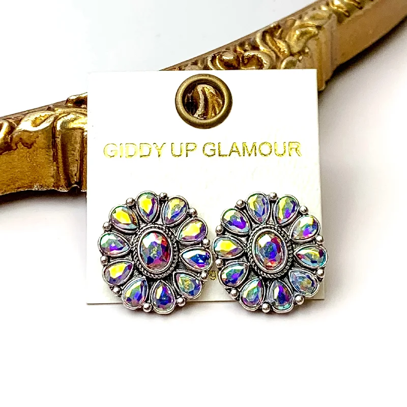 Prismatic Petal AB Stone Flower Concho Stud Earrings in Silver Tone