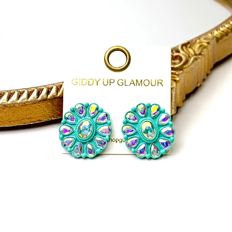 Prismatic Petal AB Stone Flower Concho Stud Earrings in Turquoise