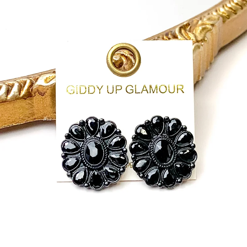 Prismatic Petal Black Stone Flower Concho Stud Earrings