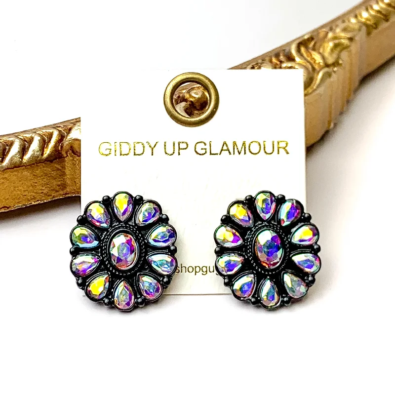 Prismatic Petal AB Stone Flower Concho Stud Earrings in Black