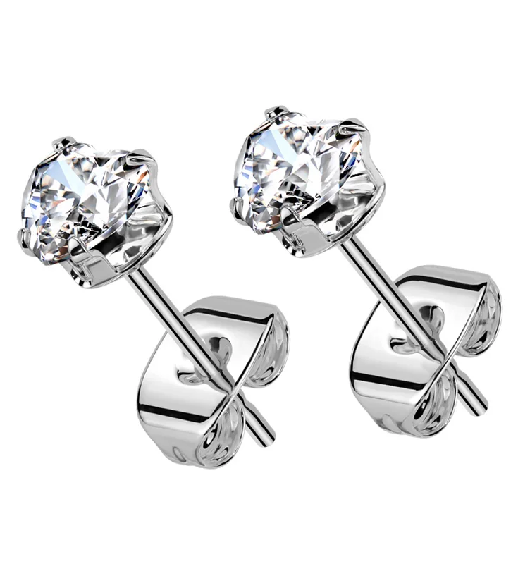 Prong Heart Clear CZ Stainless Steel Stud Earrings