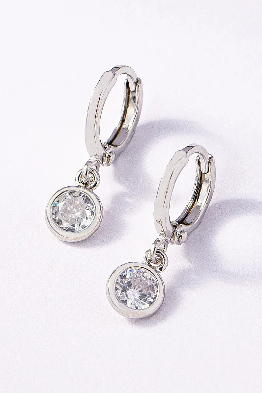 Round CZ Drop Silver Huggie Hoop Earrings