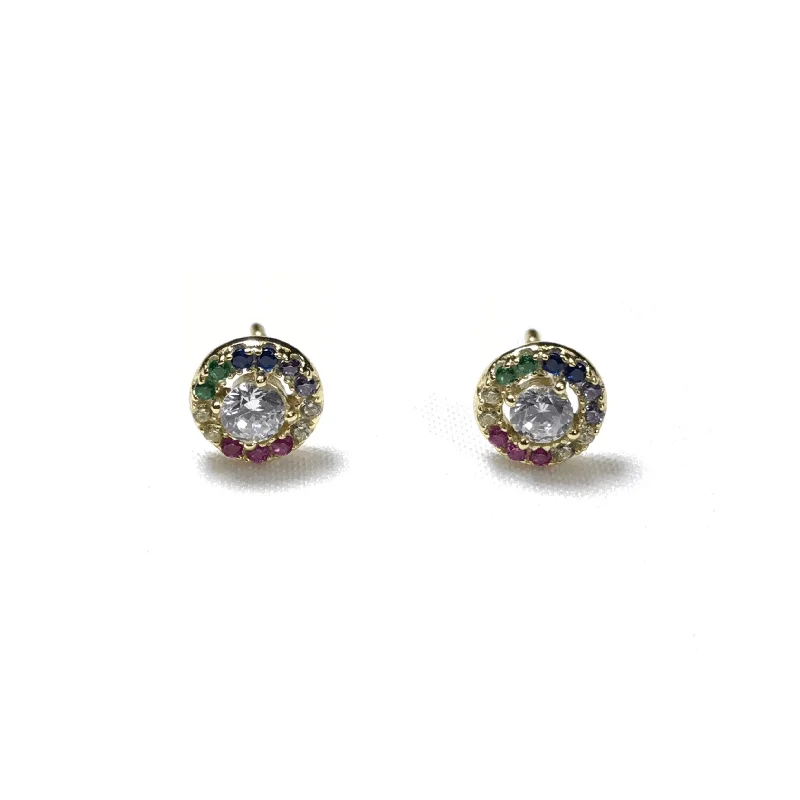 Round Rainbow Stud Earrings With White CZ Center Stone