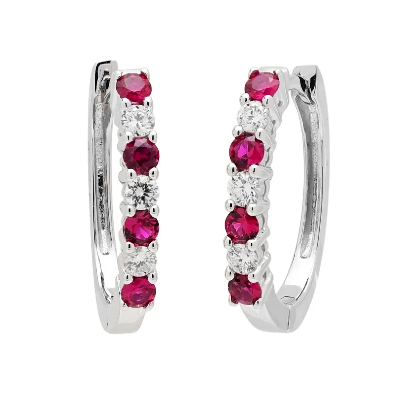 Ruby Hoop Earrings in 18kt White Gold with Diamonds (1/5ct tw)