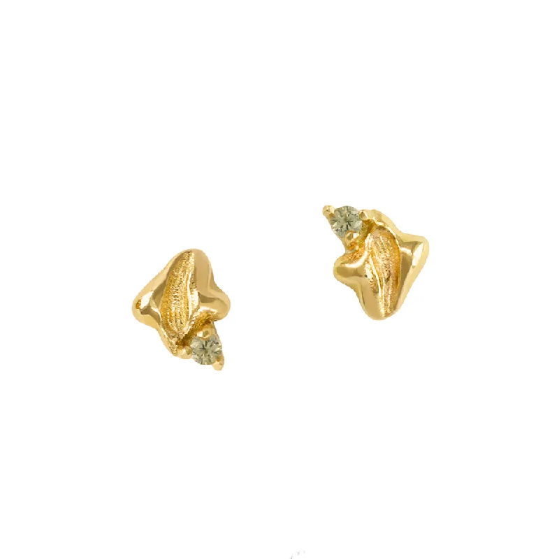 Sapphire & Yellow Gold Stud Earrings - "Soft Sage Mist"