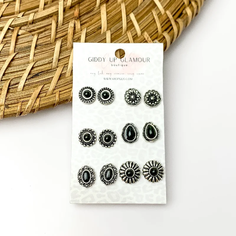 Set of Six | Black and Silver Tone Designed Stud Earrings