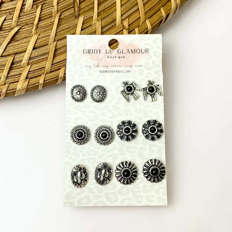 Set Of Six | Multiple Black and Silver Tone Stud Earrings