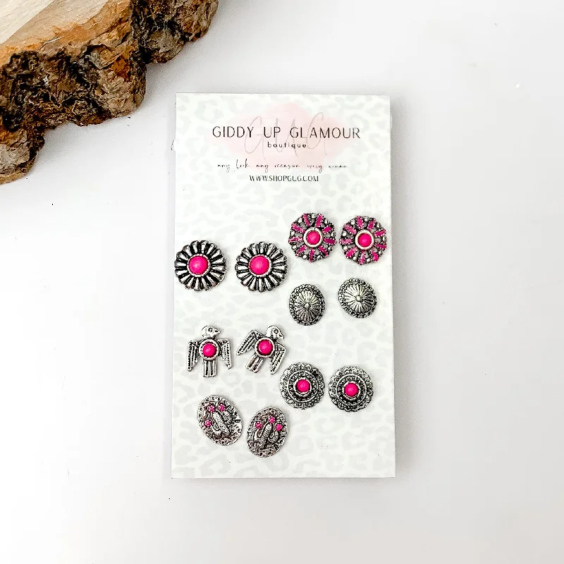 Set Of Six | Multiple Fuchsia Pink and Silver Tone Stud Earrings