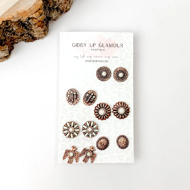 Set Of Six | Multiple Ivory and Copper Tone Stud Earrings