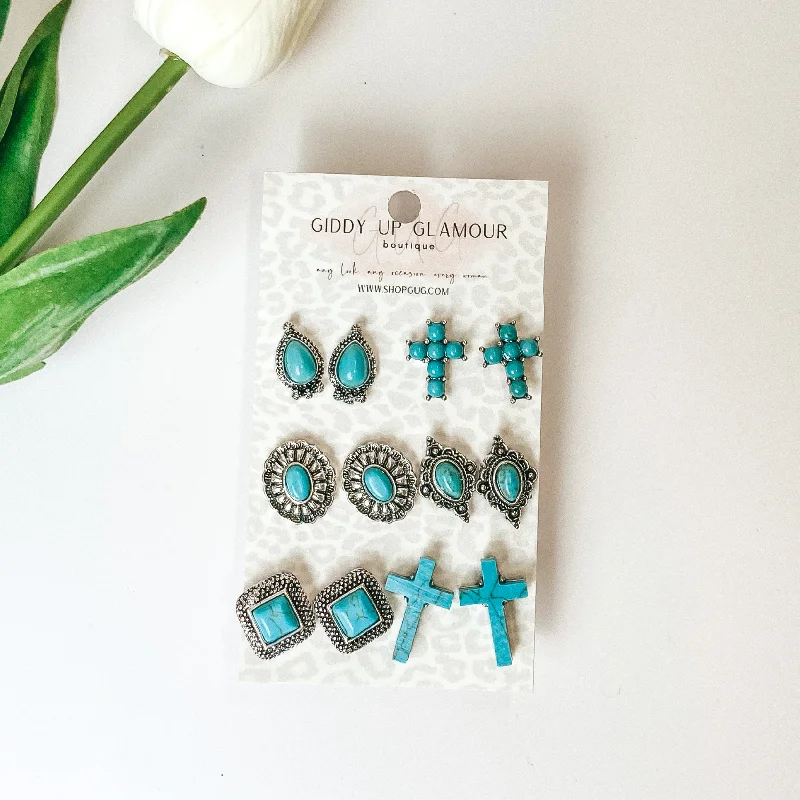 Set Of Six | Multiple Turquoise and Silver Designed Stud Earrings