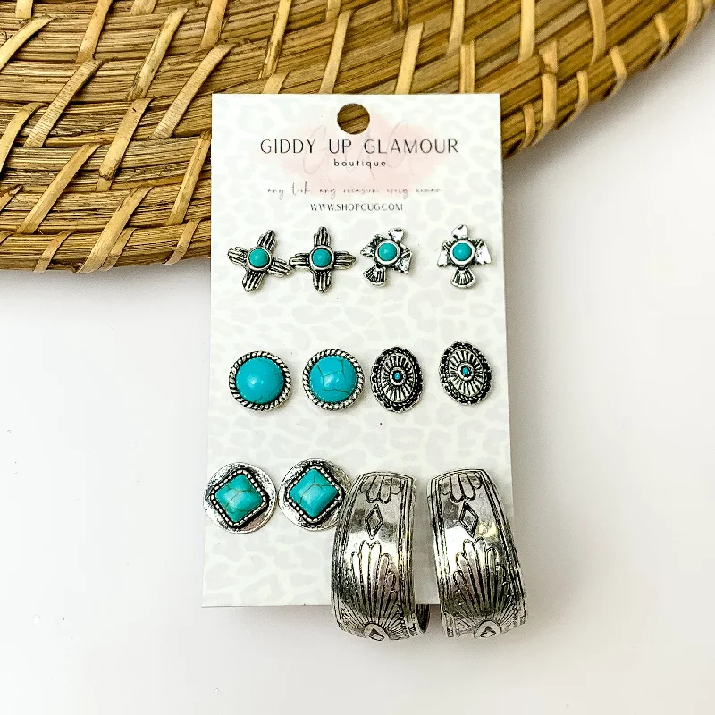 Set Of Six | Multiple Turquoise and Silver Tone Stud Earrings