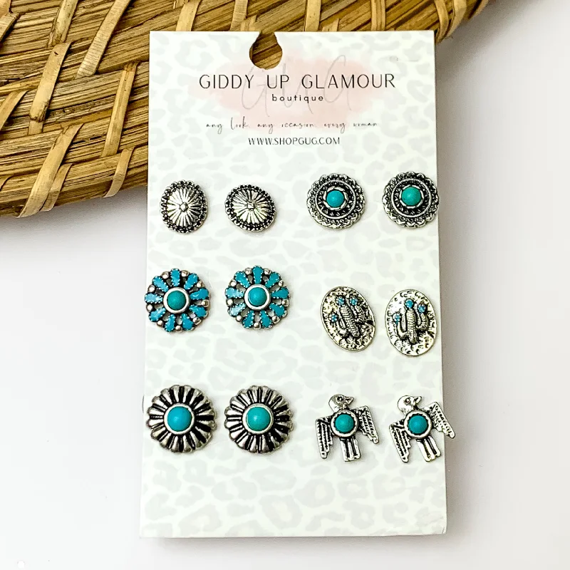 Set Of Six | Multiple Turquoise and Silver Tone Stud Earrings