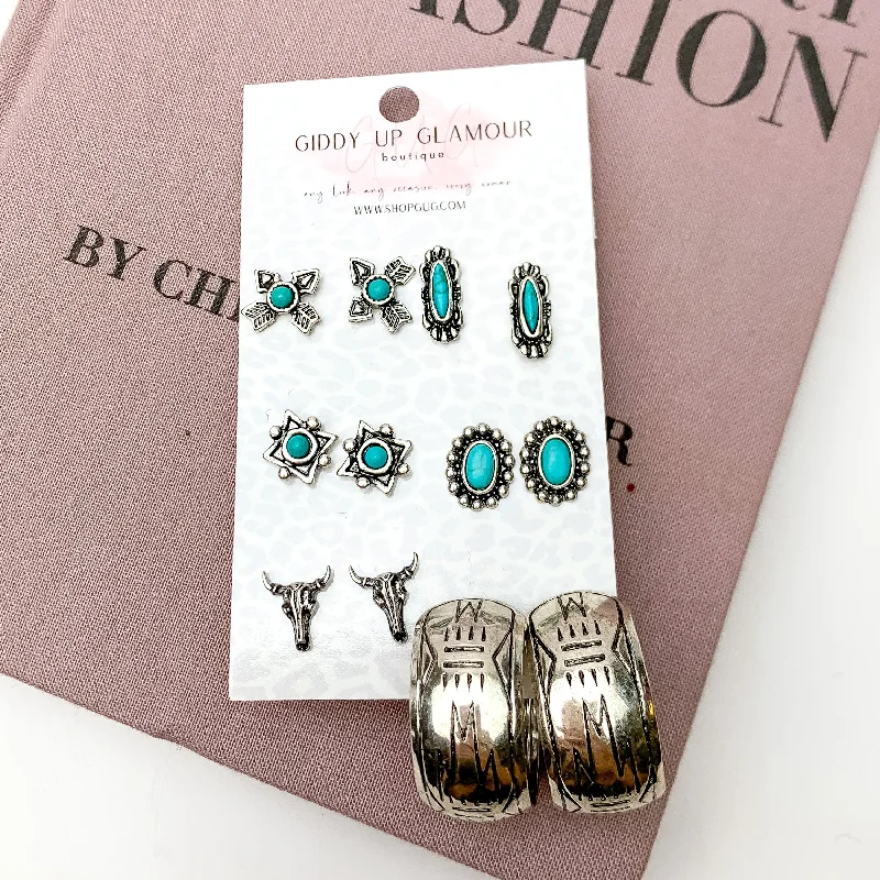 Set of Six | Turquoise Blue and Silver Tone Western Design Stud Earrings