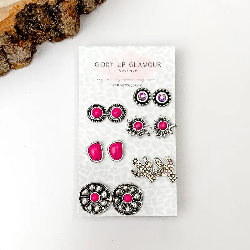 Set Of Six | Western Flowers Fuchsia Pink and Silver Tone Stud Earrings