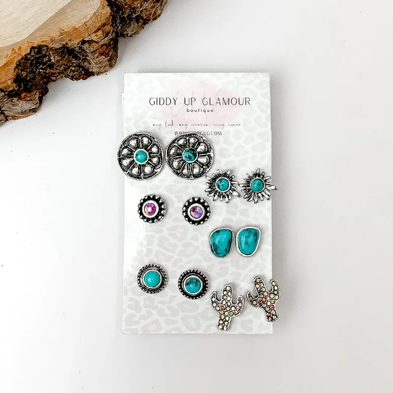 Set Of Six | Western Flowers Turquoise Blue and Silver Tone Stud Earrings