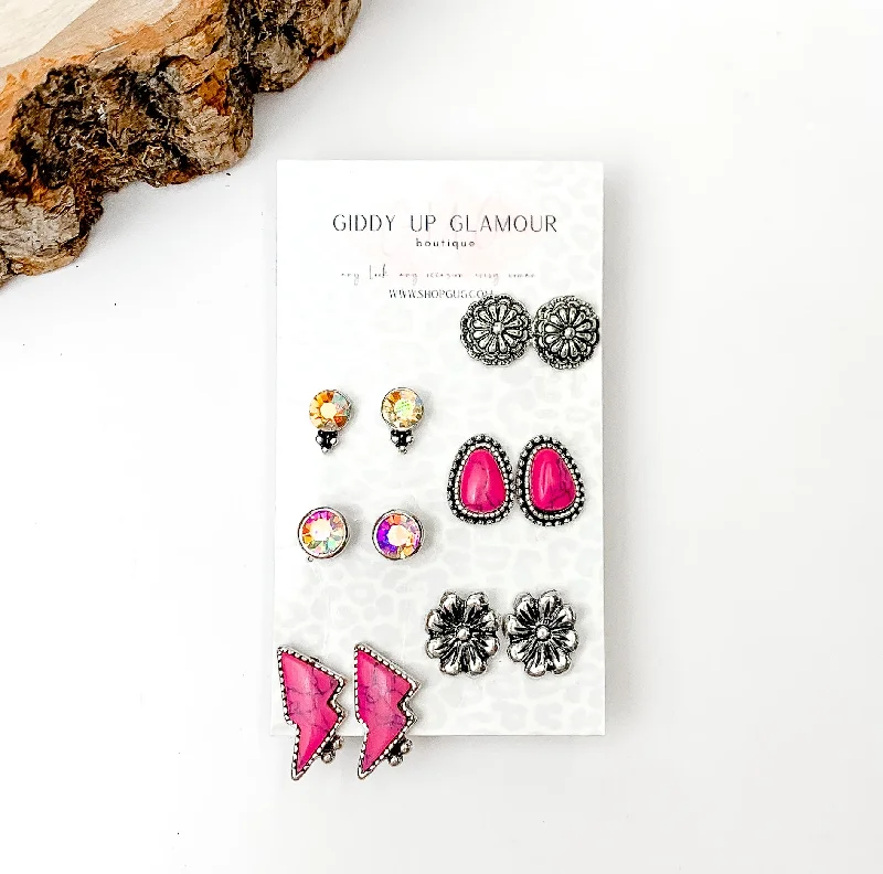 Set Of Six | Western Lightning Bolt Fuchsia Pink and Silver Tone Stud Earrings