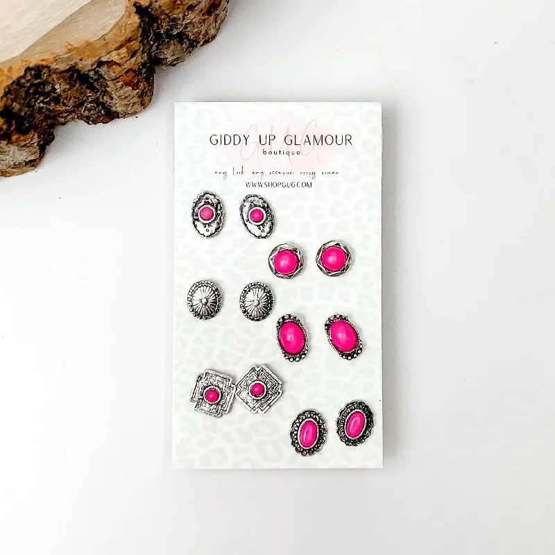 Set Of Six | Western Small Fuchsia Pink Stones and Silver Tone Stud Earrings