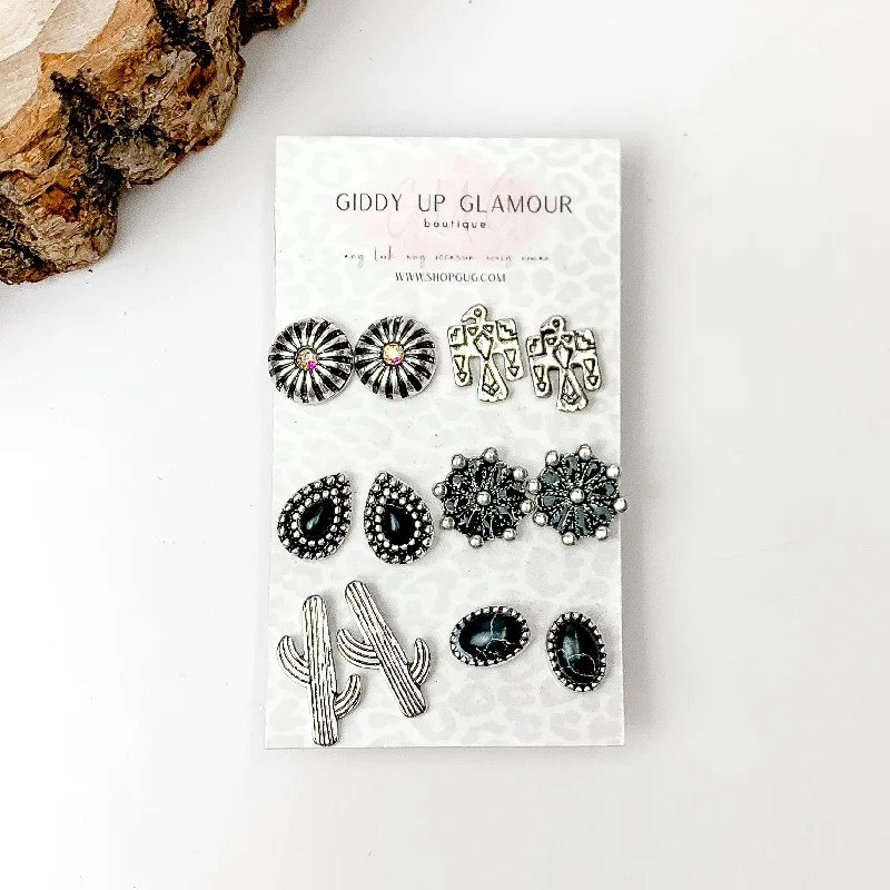 Set Of Six | Western Themed Black and Silver Tone Stud Earrings