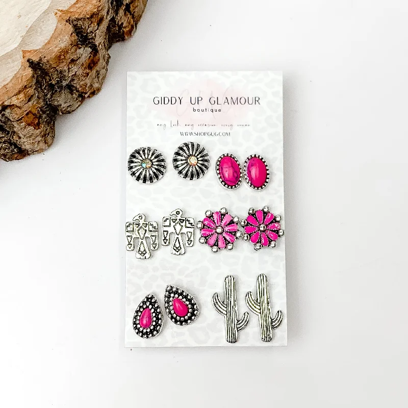 Set Of Six | Western Themed Fuchsia Pink and Silver Tone Stud Earrings