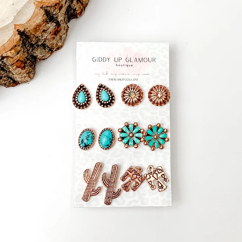 Set Of Six | Western Themed Turquoise and Copper Tone Stud Earrings