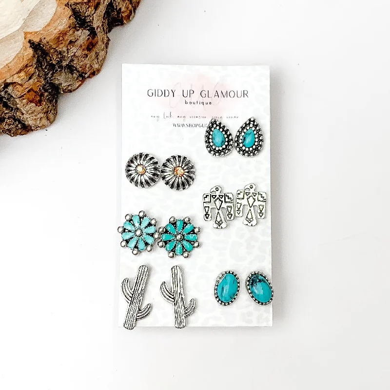 Set Of Six | Western Themed Turquoise Blue and Silver Tone Stud Earrings