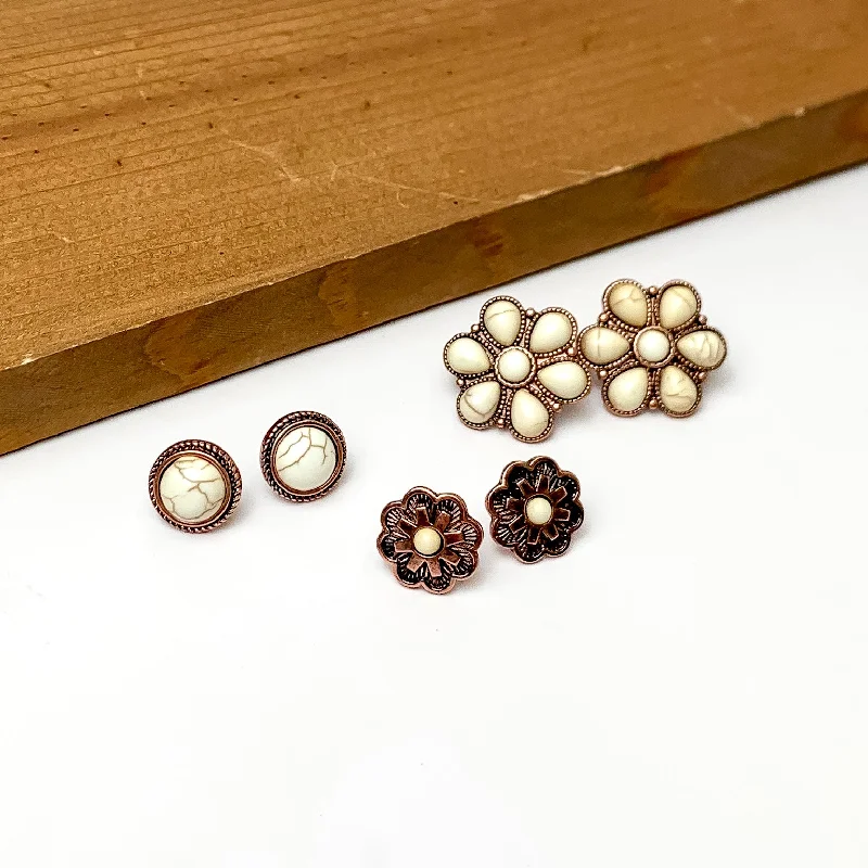 Set Of Three | Multiple Ivory and Copper Tone Stud Earrings