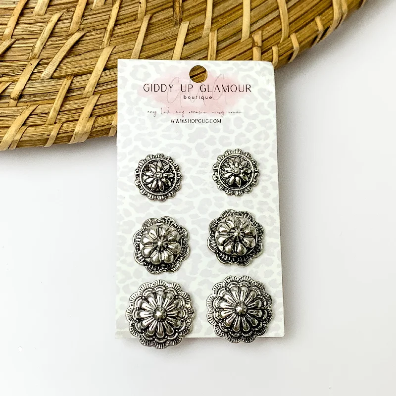 Set Of Three | Multiple Silver Tone Designed Circular Stud Earrings