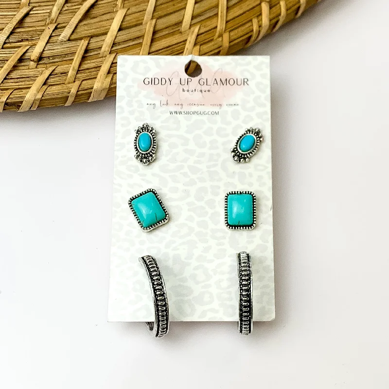 Set Of Three | Multiple Turquoise and Silver Tone Stud Earrings