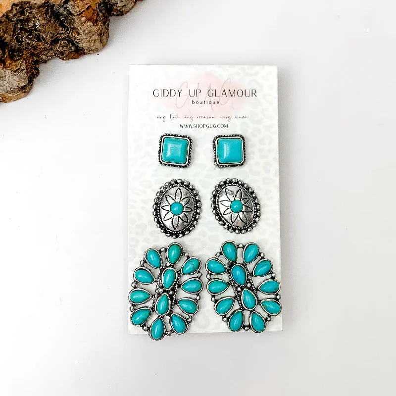 Set Of Three | Western Turquoise Blue Stones and Silver Tone Stud Earrings