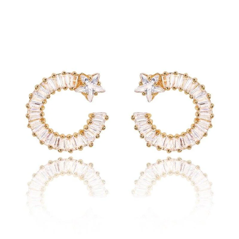 Gold Shooting Star Earrings with White Diamond Cubic Zirconia