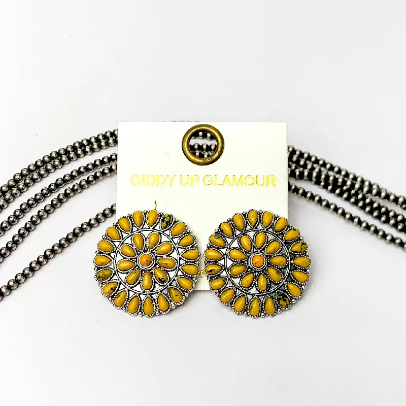 Silver Tone Circle Cluster Stud Earrings with Yellow Stones