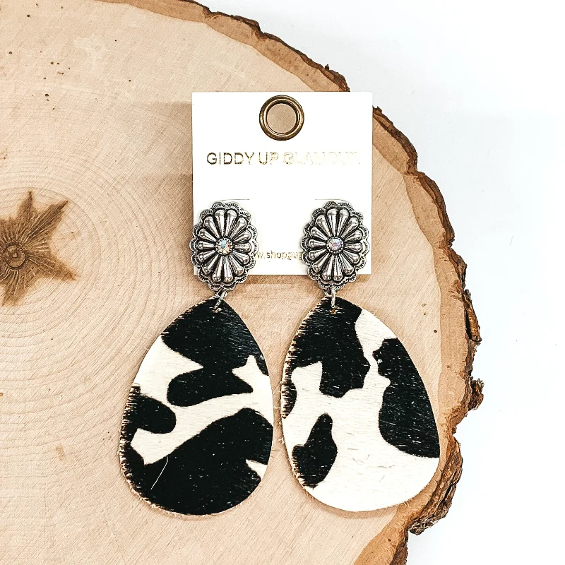 Silver Tone Concho Stud Earrings with Hanging Teardrop in Black Cow Print