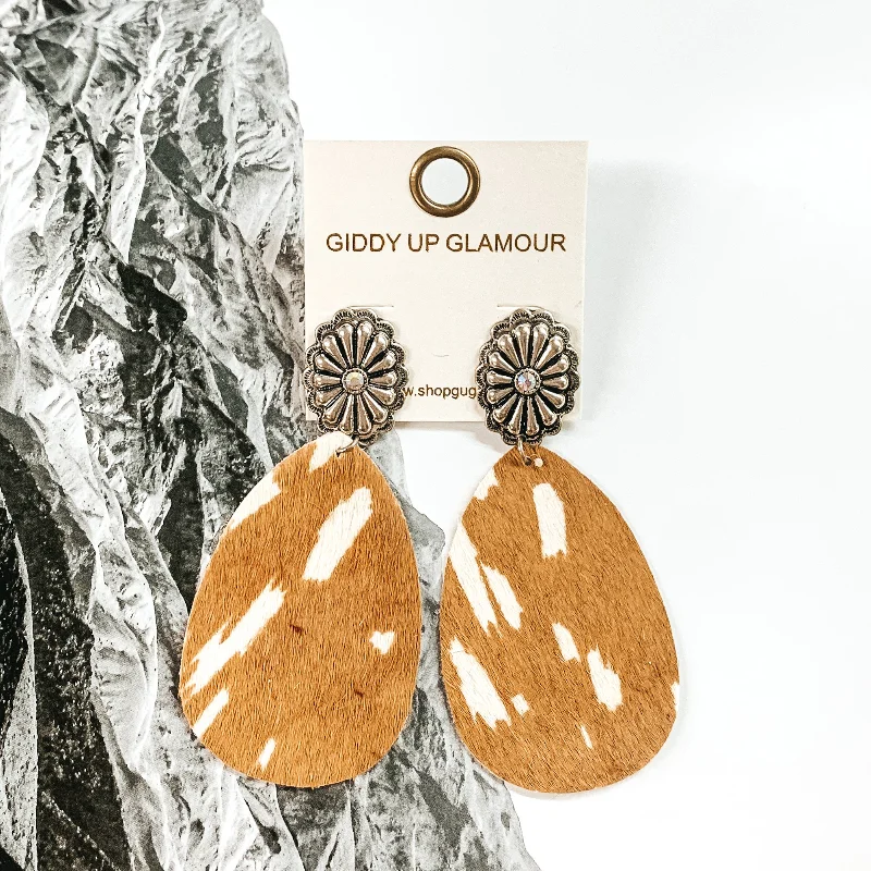 Silver Tone Concho Stud Earrings with Hanging Teardrop in Tan Cow Print