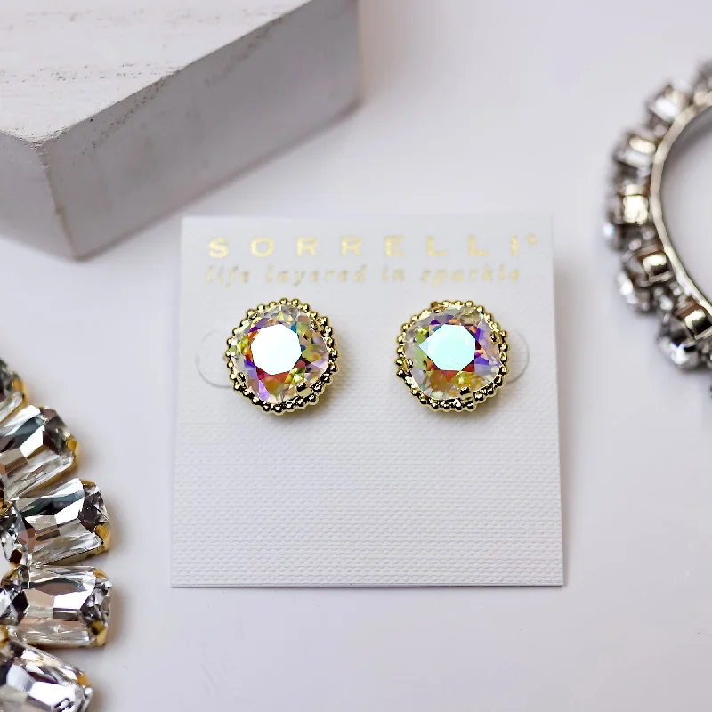 Sorrelli | Cushion Cut Solitaire Stud Earrings in Bright Gold Tone and Aurora Borealis