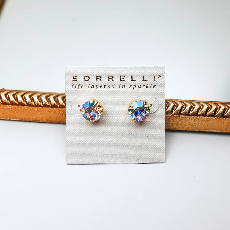 Sorrelli | Round Stud Earrings in Bright Gold Tone and Aroura Borealis