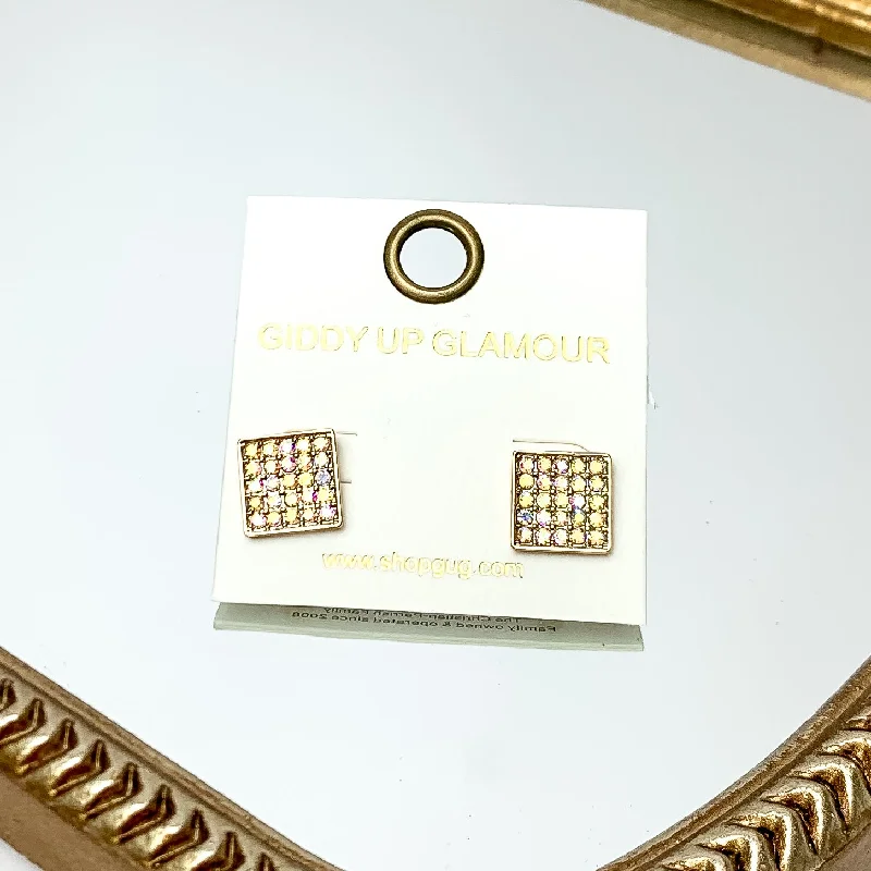 Square AB Crystal Stud Earrings in Gold Tone