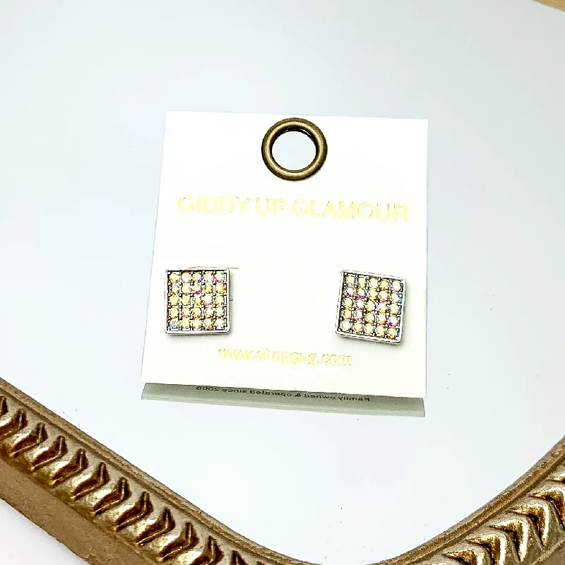 Square AB Crystal Stud Earrings in Silver Tone