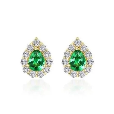 SS/GP 0.72cttw Simulated Diamond & Simulated Emerald Pear Shape Halo Stud Earrings