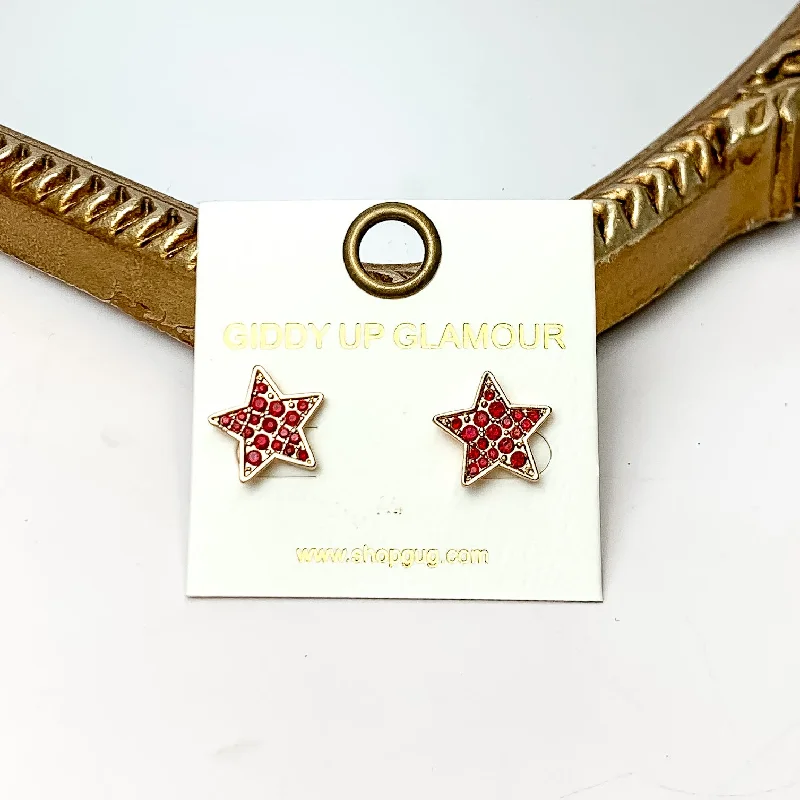 Star Maroon Crystal Stud Earrings in Gold Tone