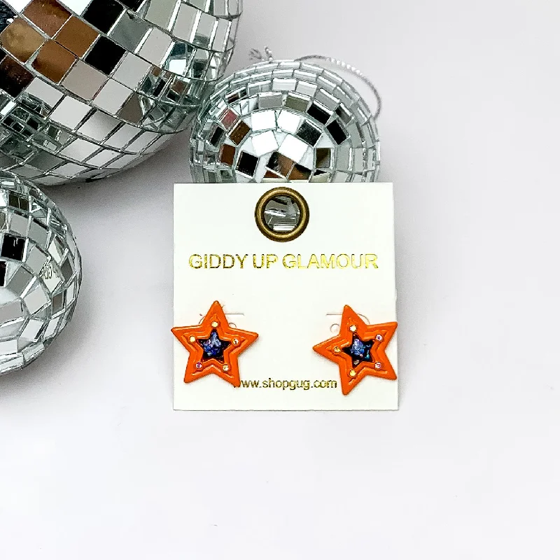 Star Shaped Stud Earrings with AB Crystals in Orange