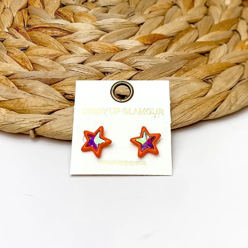 Star Stud Earrings in Orange With AB Crystals