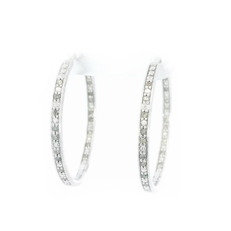 Sterling Silver 30Mm Round Inside Out Natural Diamonds Hoop Earrings